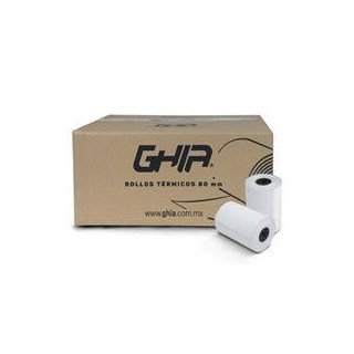 CAJA ROLLO PAPEL TERMICO GHIA 80X70 MM /50 PIEZAS /PARA IMPRESORAS DE 80MM // REACCION NEGRO