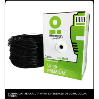 BOBINA BROBOTIX CAT 5E PARA EXTERIOR CCA UTP 305M NEGRO